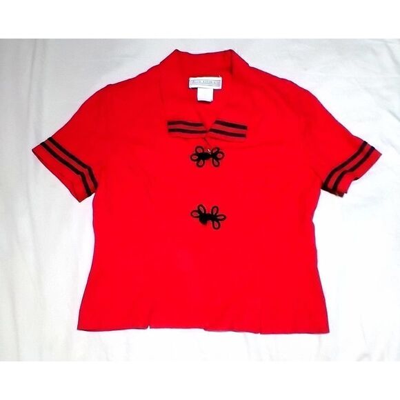 JESSICA HOWARD VINTAGE LOUNGE TOP RED WITH BLACK TRIM ORIENTAL SIZE 12 - Picture 1 of 5